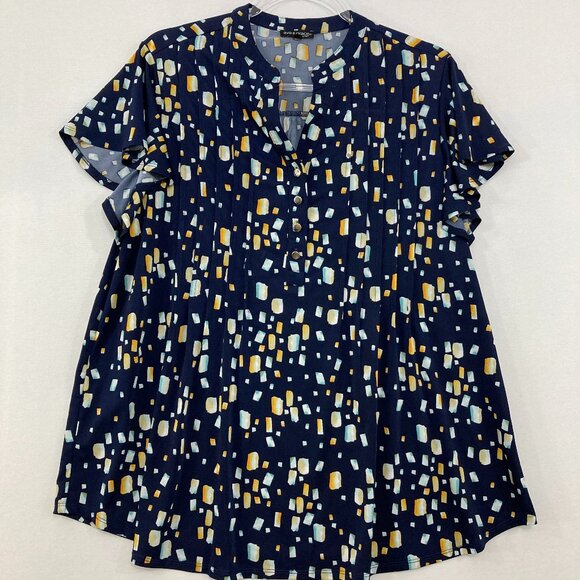 Ava & Grace size 1X Navy Yellow Abstract Pintuck Flutter Sleeve Stretch Knit Top - Picture 1 of 12